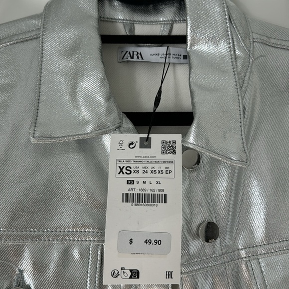 NWT Zara Silver Denim Jacket XS | silver metallic denim cropped jacket - Picture 9 of 10